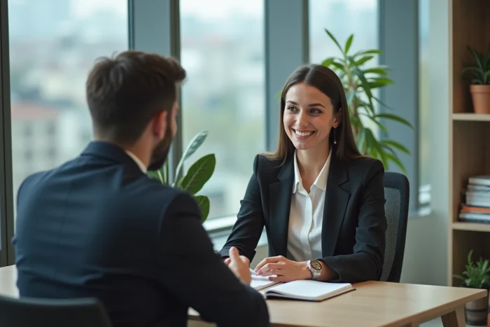 Femme confiante en discussion dans un bureau moderne