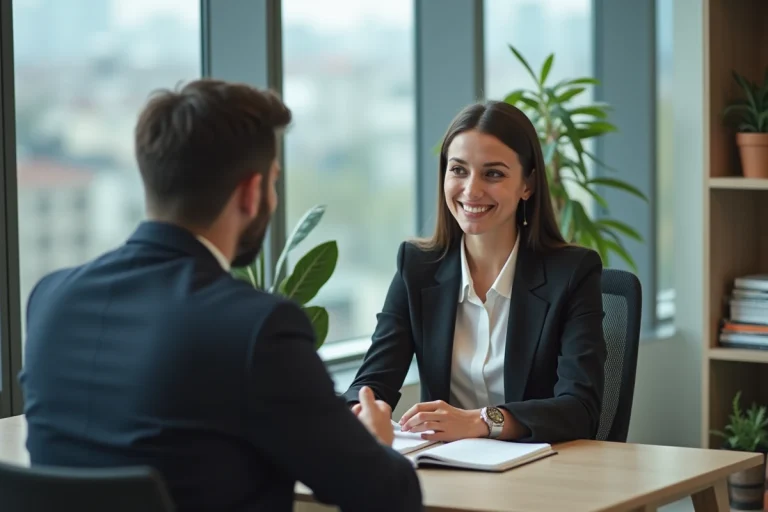 Femme confiante en discussion dans un bureau moderne