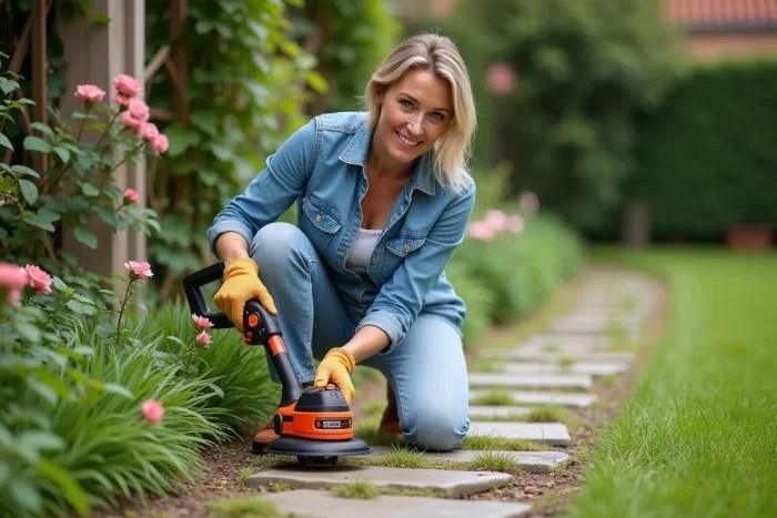 Femme utilisant le coupe-bordure Black & Decker GLC3630L20 pour entretenir les bords d'une allée en pierre