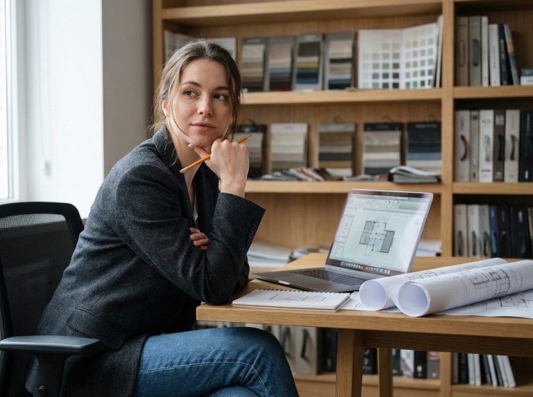 Femme pensant dans son bureau créatif et organisé