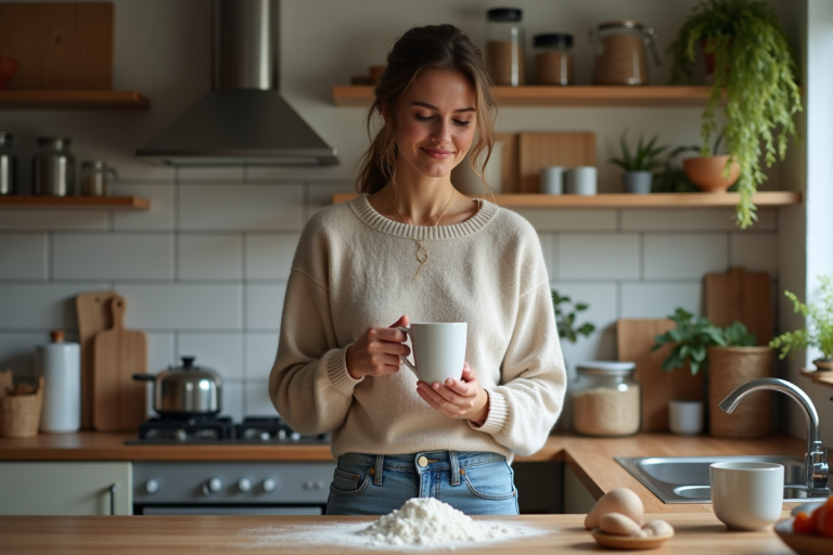 Femme en cuisine mesurant de la farine dans un bol