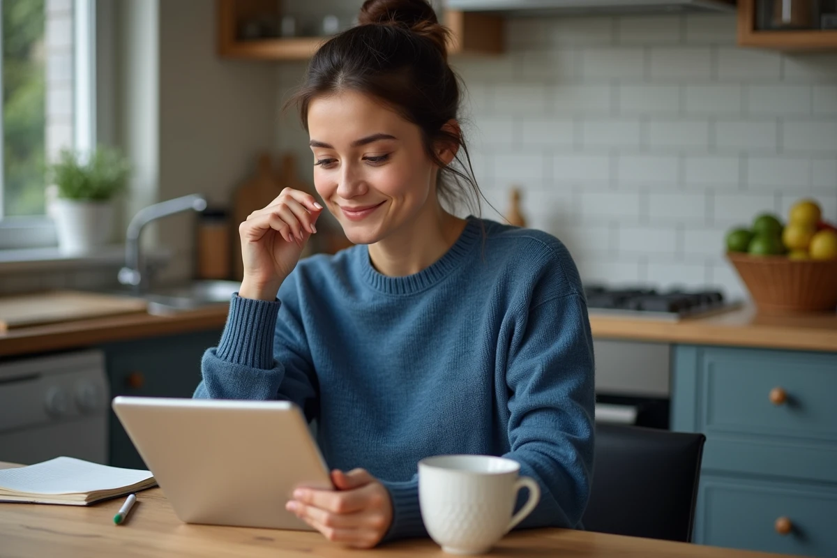 Jeune femme à la cuisine avec une tablette et un café