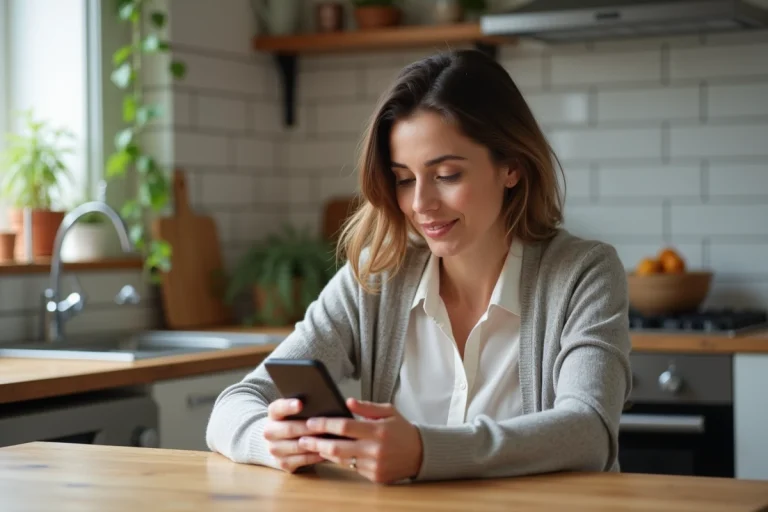 Femme vérifiant ses finances sur smartphone dans une cuisine lumineuse