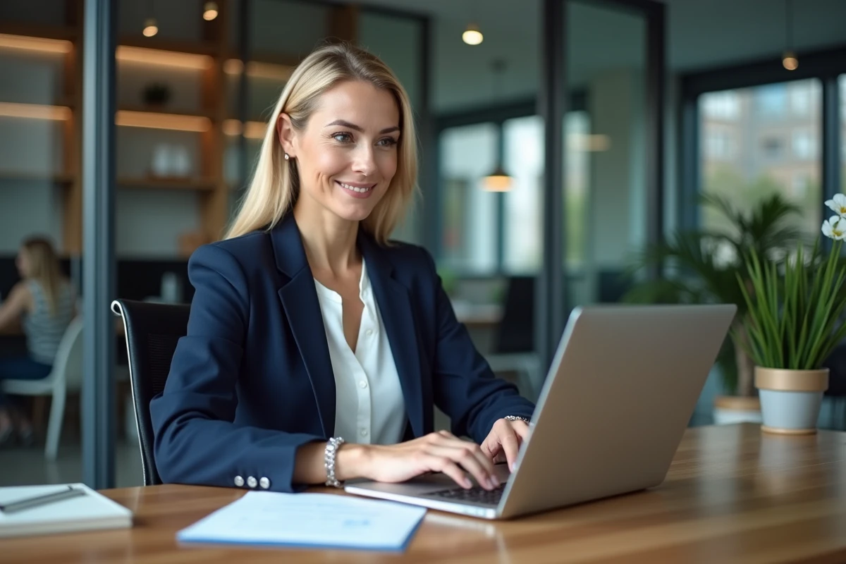 Femme gestionnaire au bureau tapant sur son ordinateur
