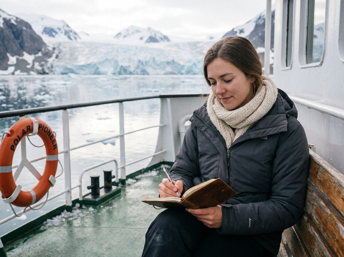 Jeune femme écrivant dans un journal en Antarctique