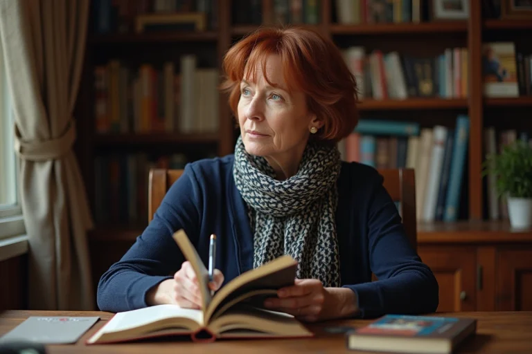 Femme d'une cinquantaine lisant une biographie de Hawking