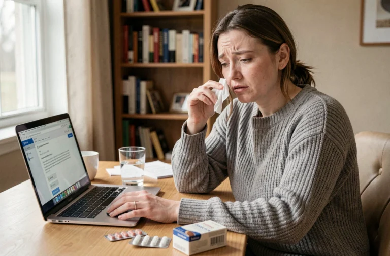 Femme malade en télétravail rédigeant un message d'absence pour maladie sur son ordinateur portable