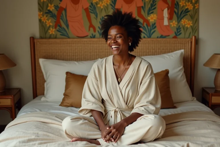 Femme malgache souriante en lamba dans une chambre authentique