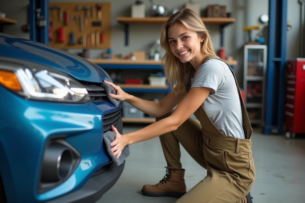 Jeune femme nettoyant un pare-chocs réparé