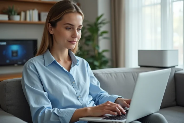 Femme utilisant un ordinateur portable pour associer son forfait Free Mobile à son abonnement Freebox dans son salon