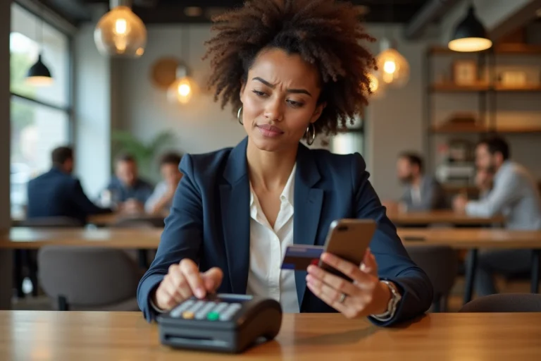 Femme avec carte et smartphone dans un café moderne