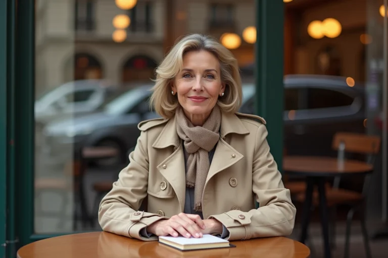 Femme élégante assise dans un café parisien avec trench beige