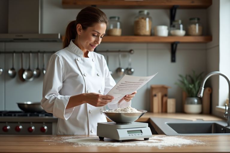 Femme en blouse blanche pèse de la farine en cuisine