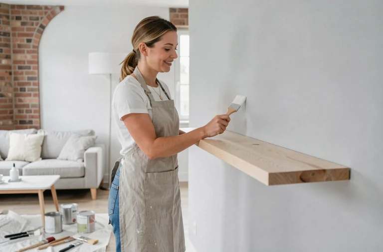 Femme appliquant de la peinture blanche sur une étagère en bois dans un intérieur moderne et minimaliste, travaux de décoration maison