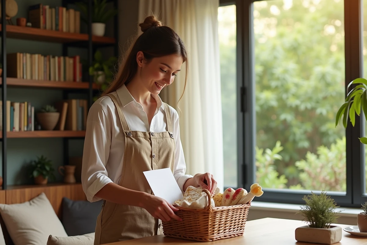 Jeune femme arrangeant un panier de bienvenue dans le salon