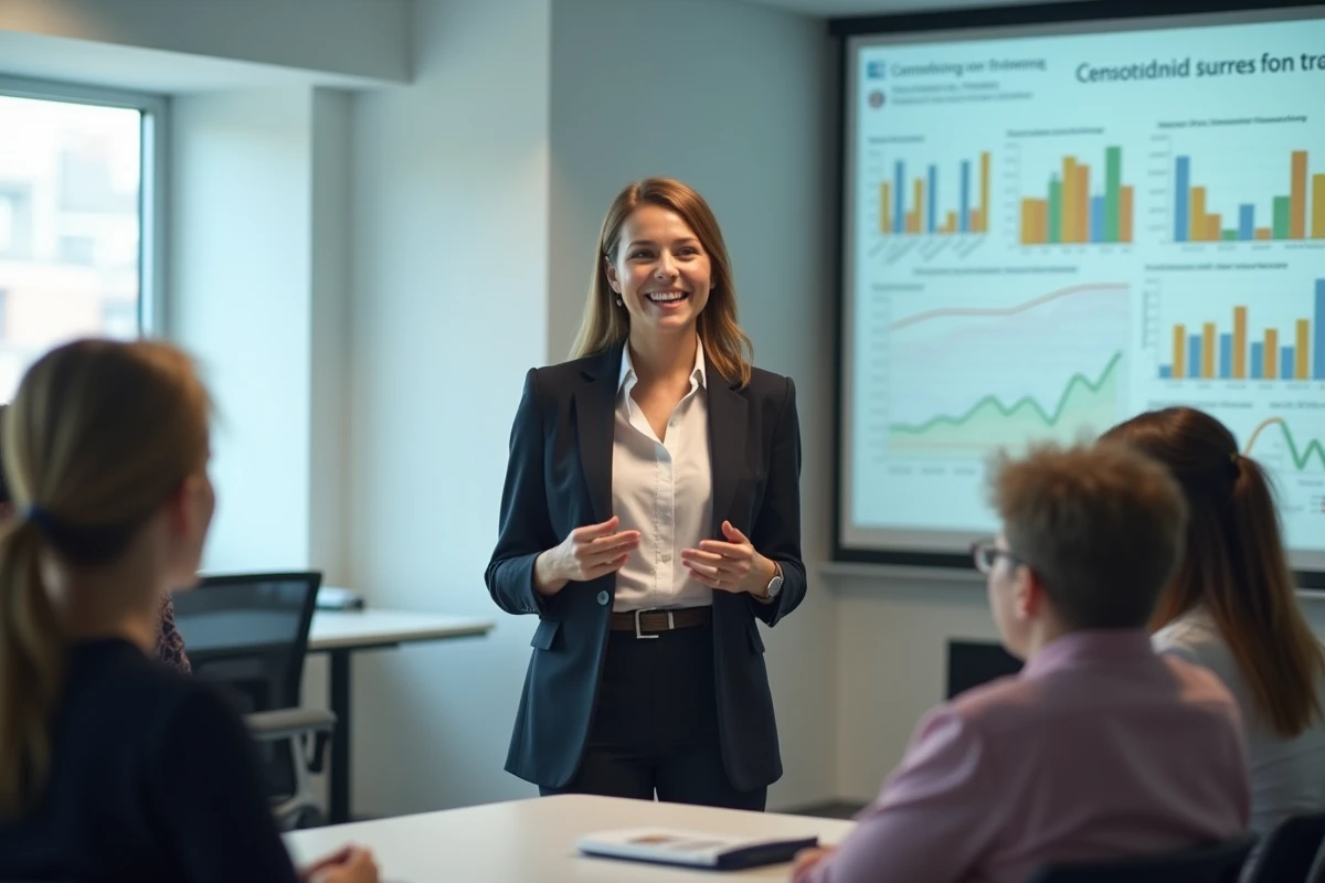 Femme en présentation avec graphiques colorés en salle moderne