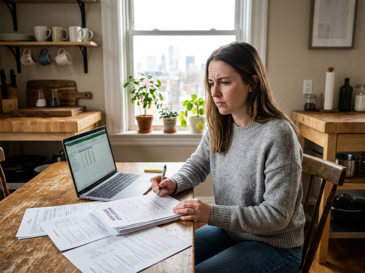 Femme à la maison remplissant un papier de prêt immobilier
