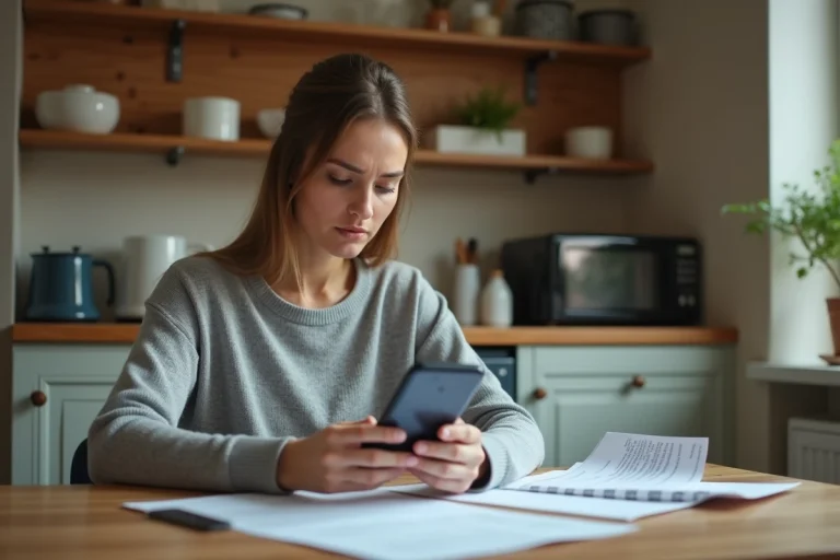Femme consultant des documents sur la prime d'activité à la maison avec un budget modeste