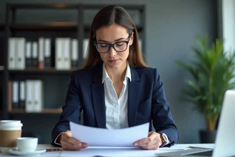 Femme professionnelle en blazer marine étudiant des documents légaux dans un bureau moderne en 2025