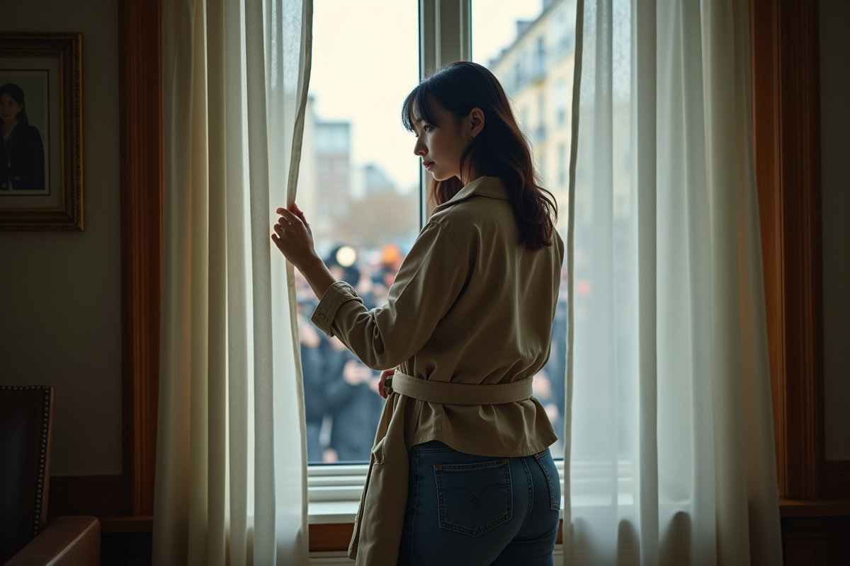 Jeune femme regardant pensivement par la fenêtre