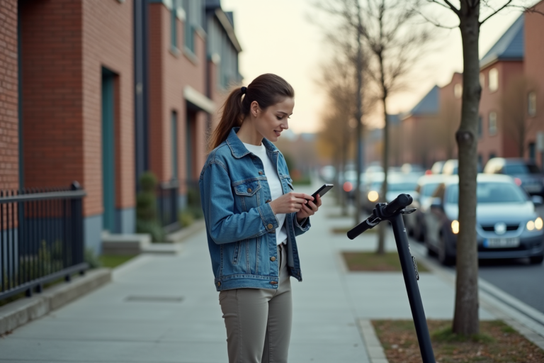 Femme en denim déverrouille un scooter électrique en ville