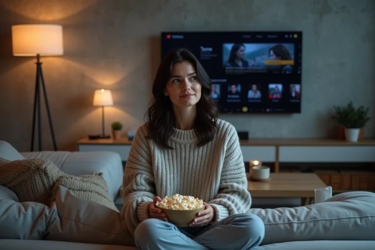Femme installée confortablement sur un canapé regardant un film en streaming sur sa télévision dans son salon moderne