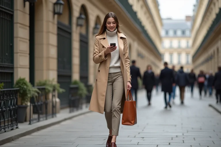 Femme élégante en trench beige dans une rue parisienne