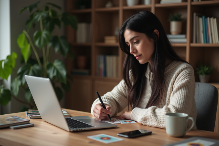 Femme lisant des cartes de tarot dans un intérieur cosy