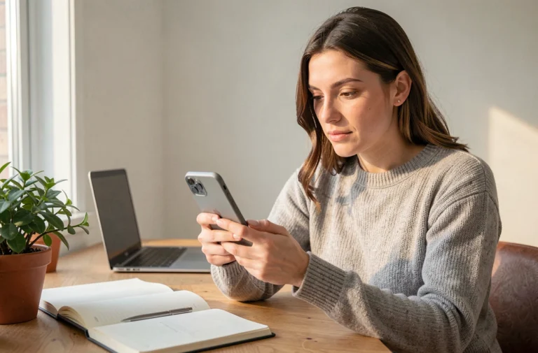 Femme en télétravail tenant un smartphone moderne à son bureau à domicile pour rester joignable