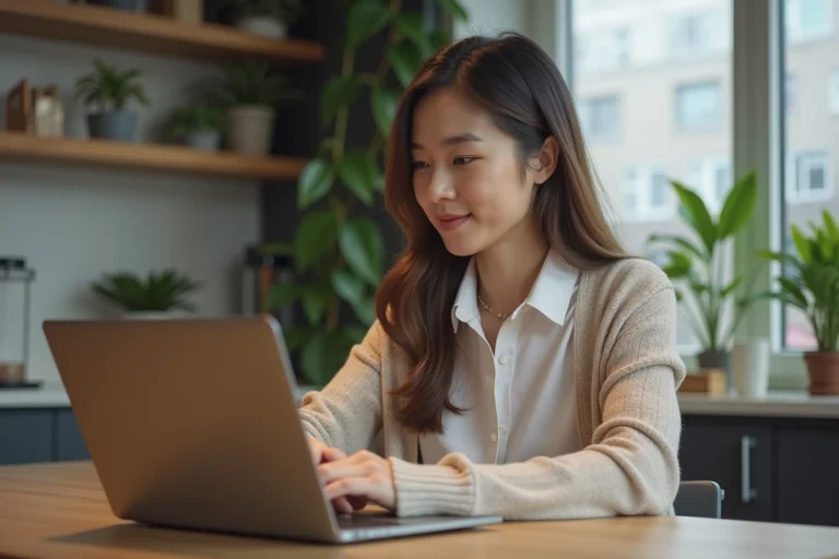 Jeune femme travaillant sur son ordinateur dans une cuisine moderne