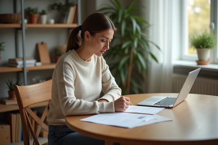 Femme concentrée travaillant à domicile sur ses papiers