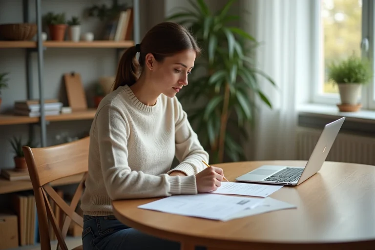 Femme concentrée travaillant à domicile sur ses papiers
