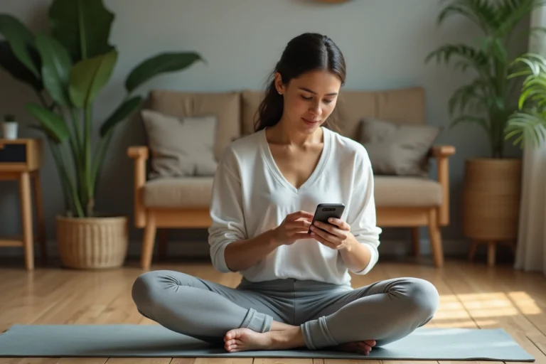 Femme en yoga utilisant une application sur smartphone dans un salon cosy