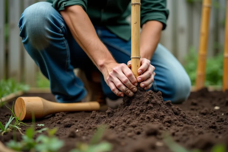 Homme fixant un bambou dans le sol d'un jardin avec un maillet en bois, technique de plantation durable