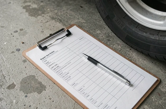 Formulaire d'ordre de réparation automobile vierge sur presse-papiers dans un garage avec pneu en arrière-plan