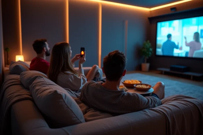 Groupe d'amis réunis dans une salle de cinéma maison regardant un film en streaming sur grand écran projecteur