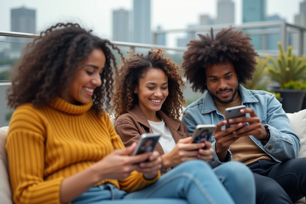 Trois jeunes adultes partageant des vidéos sur un rooftop urbain