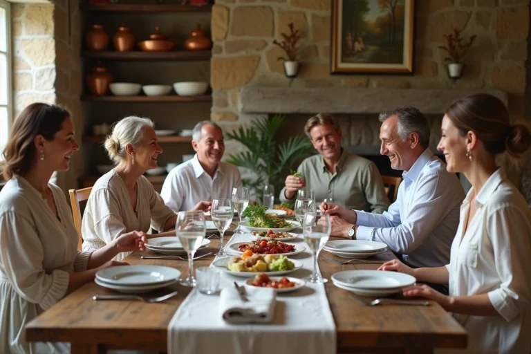 Groupe d'adultes souriants autour d'une table rustique élégante