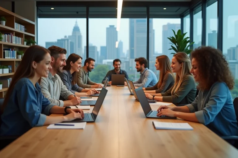 Groupe diversifié de professionnels autour d'une table moderne