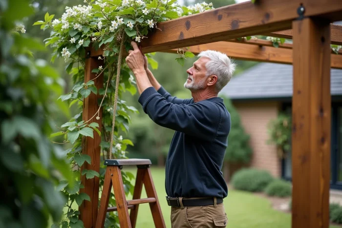 Homme en haut d'un escabeau guidant les branches d'un jasmin étoilé sur une pergola en bois avec de la ficelle de jute dans un jardin