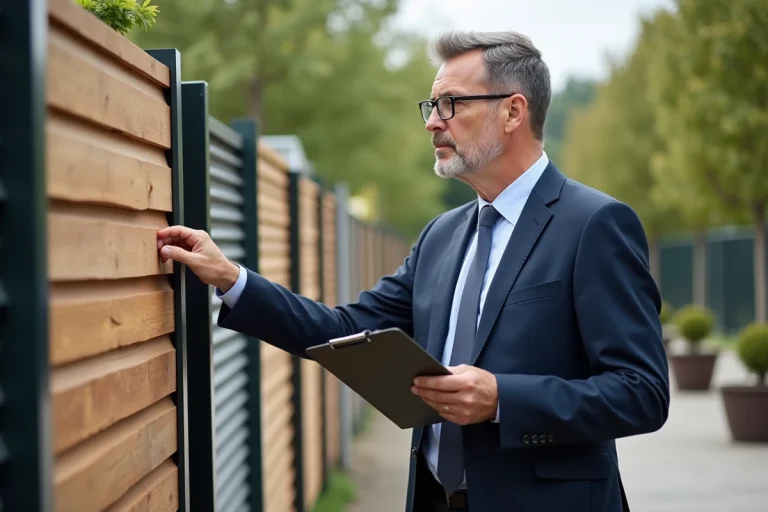 Homme d'affaires inspectant des clôtures modernes en extérieur