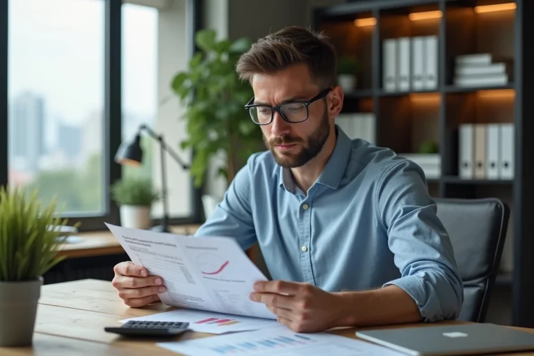Homme en bureau analysant un rapport financier