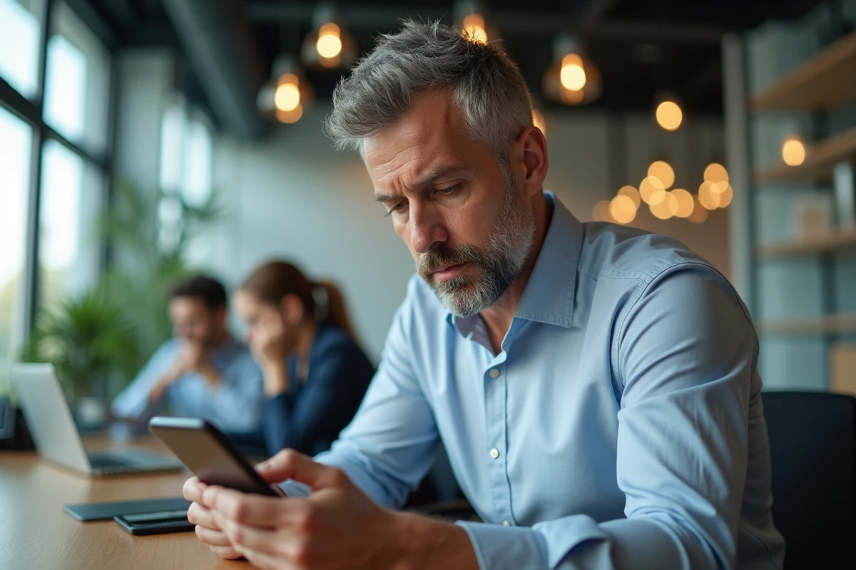 Homme d age moyen utilisant un smartphone dans un espace de coworking