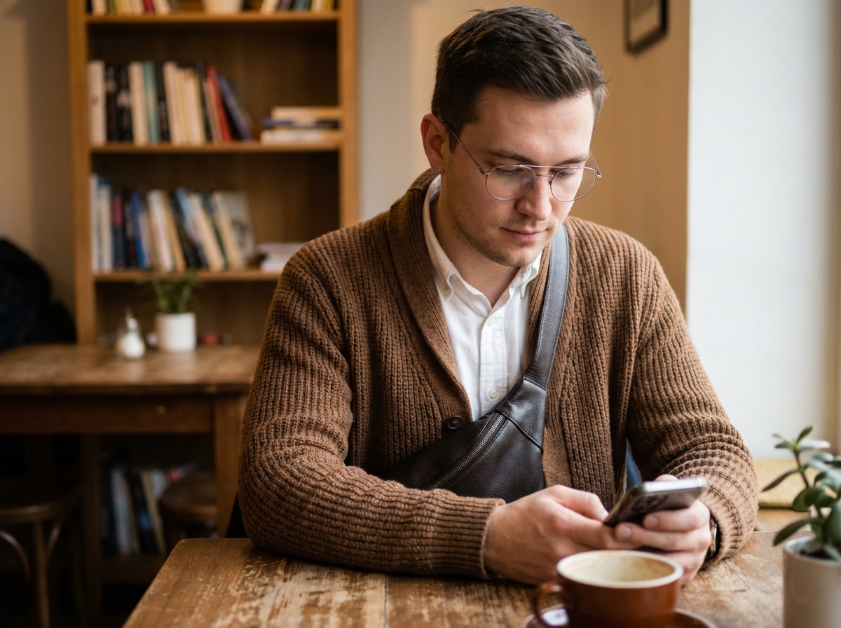 Homme en cardigan check au café regardant son smartphone