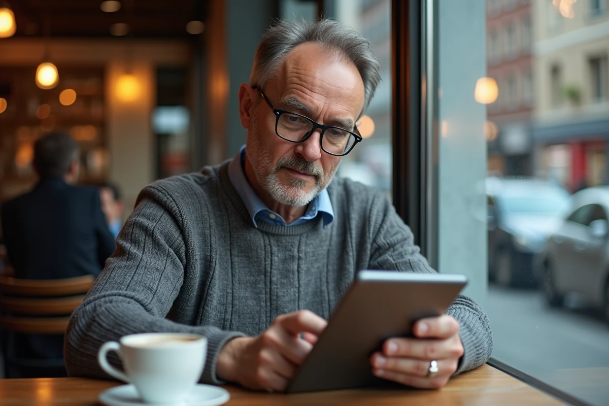 Homme d age moyen utilisant une tablette dans un café