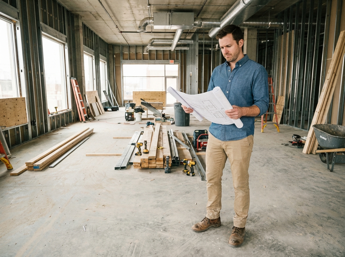 Homme regardant des plans sur un site en construction