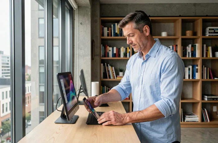Homme en télétravail comparant deux smartphones sur un bureau debout dans un appartement moderne