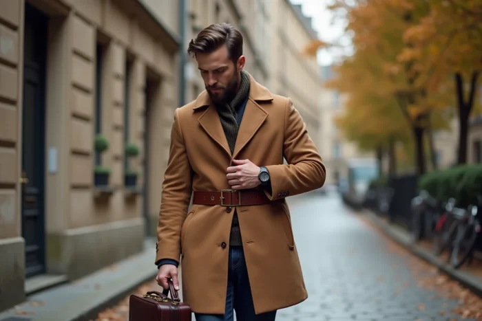 Homme élégant en manteau camel ajustant sa ceinture en cuir dans une rue pavée européenne