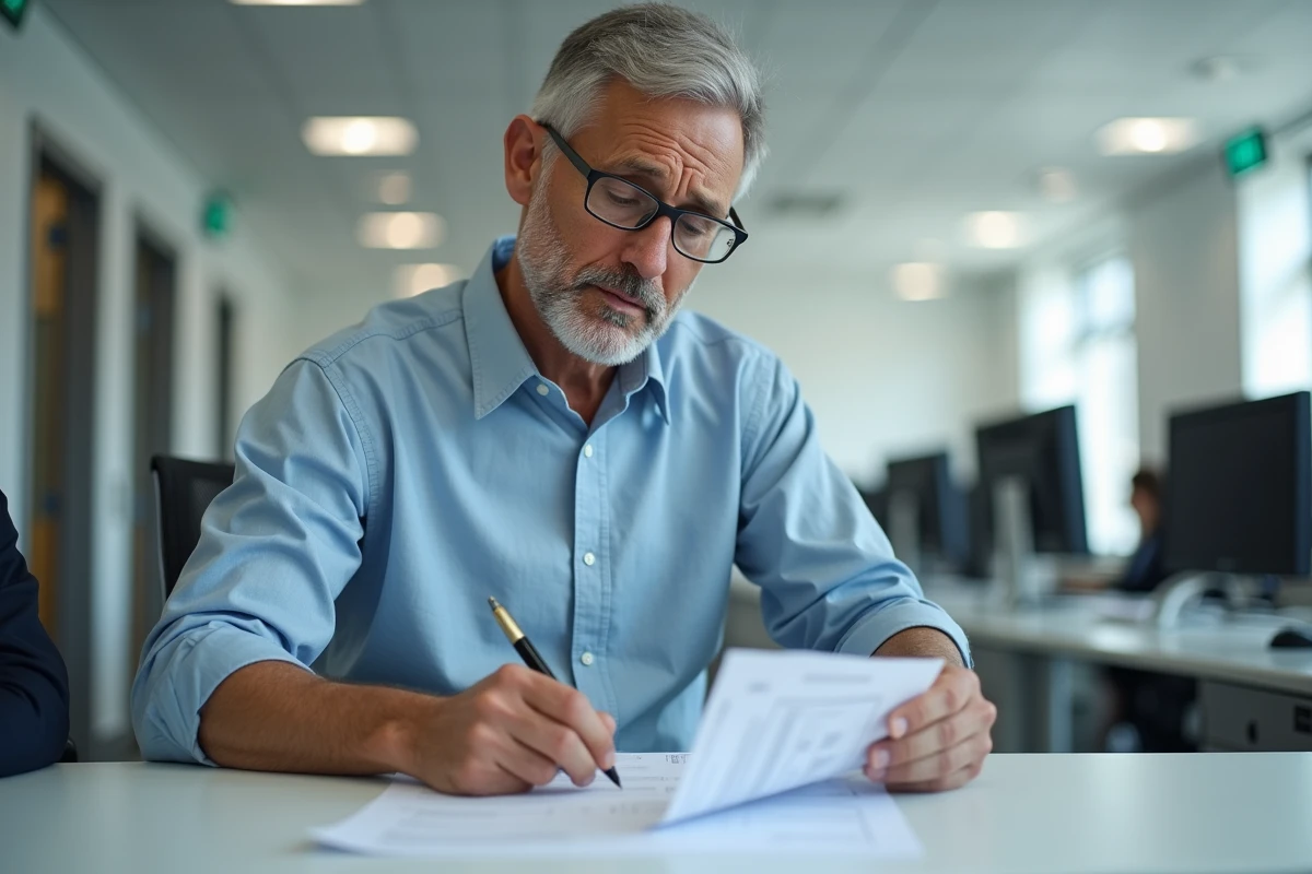 Homme remplissant un formulaire CAF dans un bureau administratif