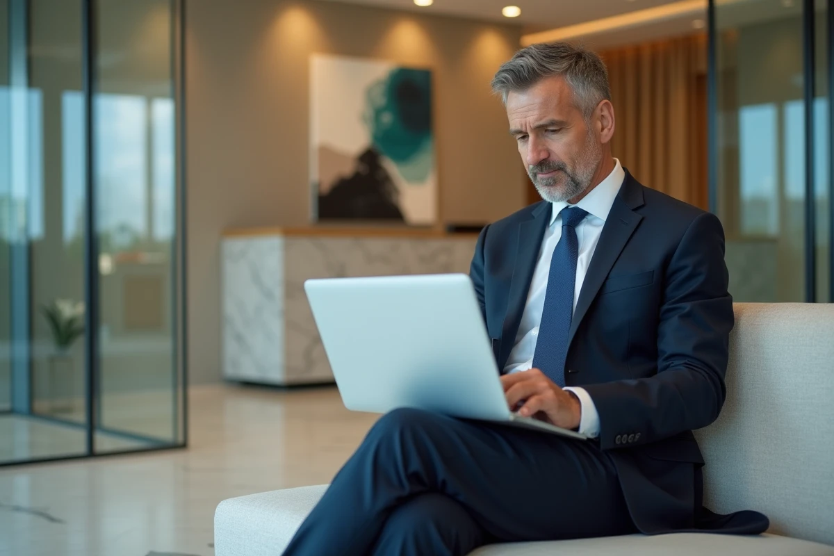 Homme d affaires utilisant un ordinateur dans un hall de banque moderne